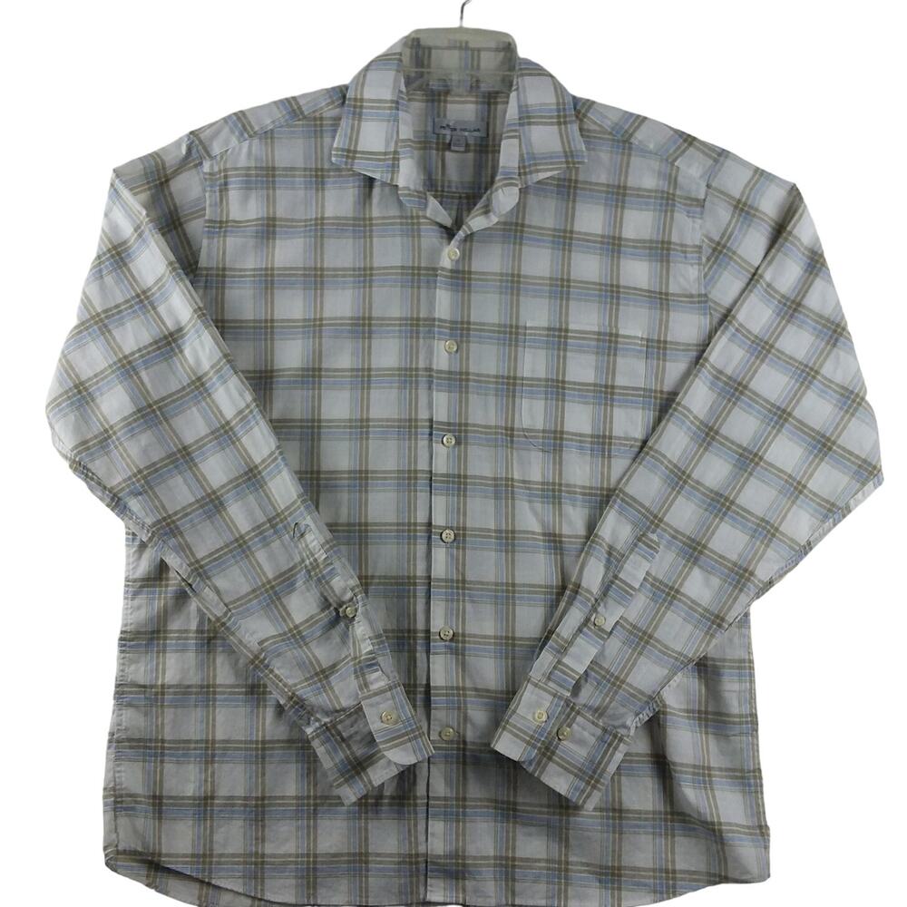 Peter Millar Shirt Mens Large Blue White Brown Plaid Button Up Summer‎ Golf